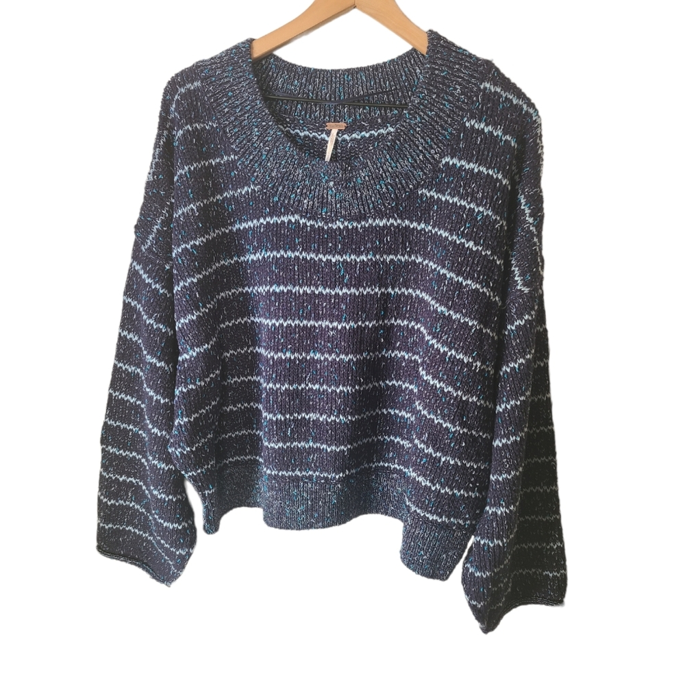 Free People NWT Starlight Blue Striped Cotton Blend Heavy Knit Sweater - Picture 7 of 14